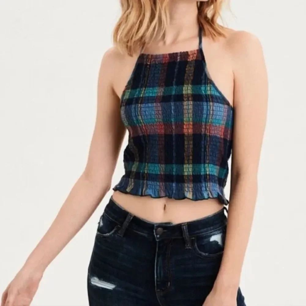American Eagle Smocked Y2K Plaid Crop Halter Blue Green Stretch Top Tank L